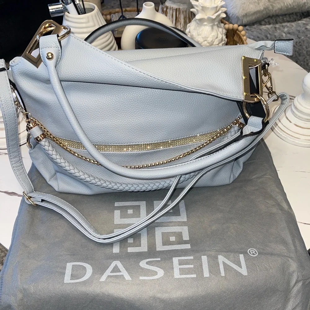Stylish Light Blue Handbag with Gold Accents - Picture 2 of 15